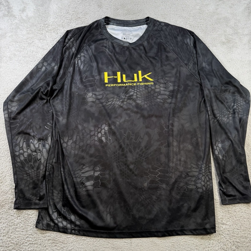 Huk Shirt Mens 2XL Black Performance Fishing Crewneck Long Sleeve Kryptek Typhon